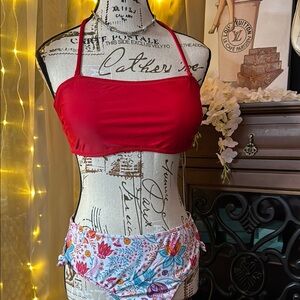 SHEKINI Red Halter Bikini Top with Floral Bottoms Large (NWT)
